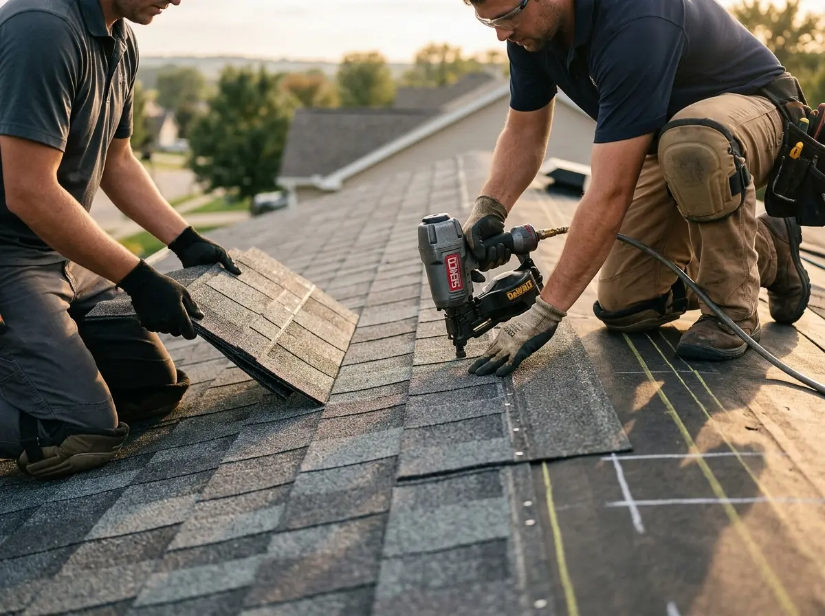 Professional roofer working on a residential roof in Sunset